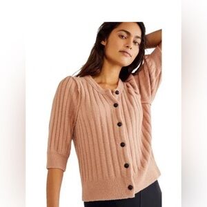 FREE PEOPLE SLOANE Short Elbow Sleeve Cardigan Size Small Peach Blush Pink NEW!